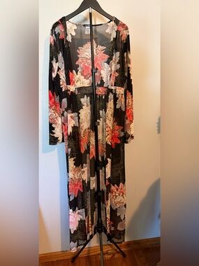 Fashion Nova Black Sheer Kimono with Red and Cream Floral Print